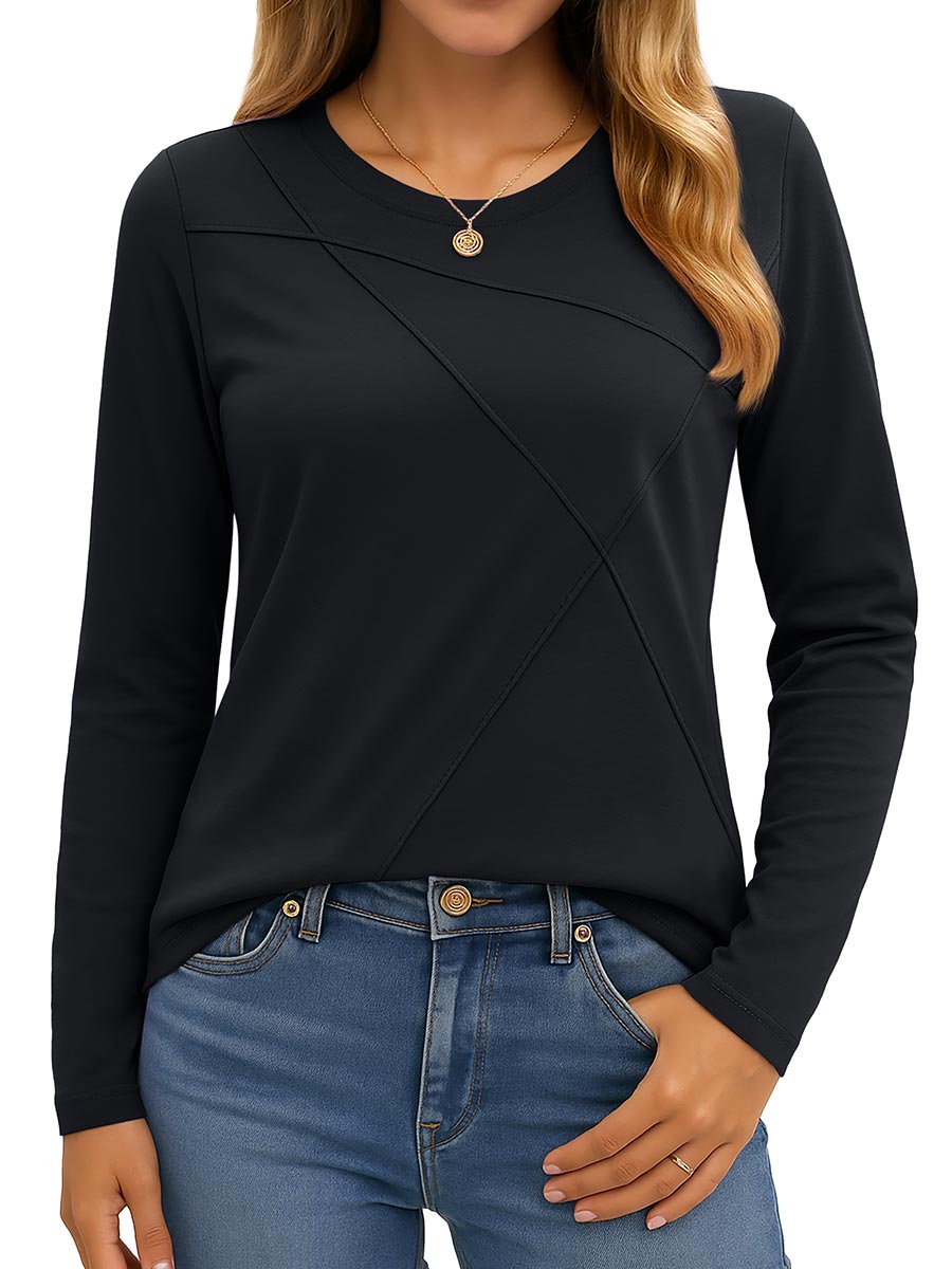 TACVASEN Black Women's Long Sleeve Shirts Pleated Crew Neck Fall Trendy Tops