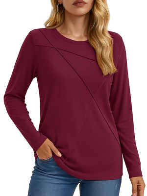 TACVASEN Wine Red Women's Long Sleeve Shirts Pleated Crew Neck Fall Trendy Tops