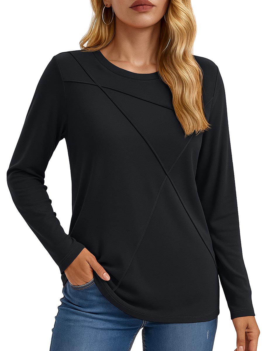 TACVASEN Black Women's Long Sleeve Shirts Pleated Crew Neck Fall Trendy Tops