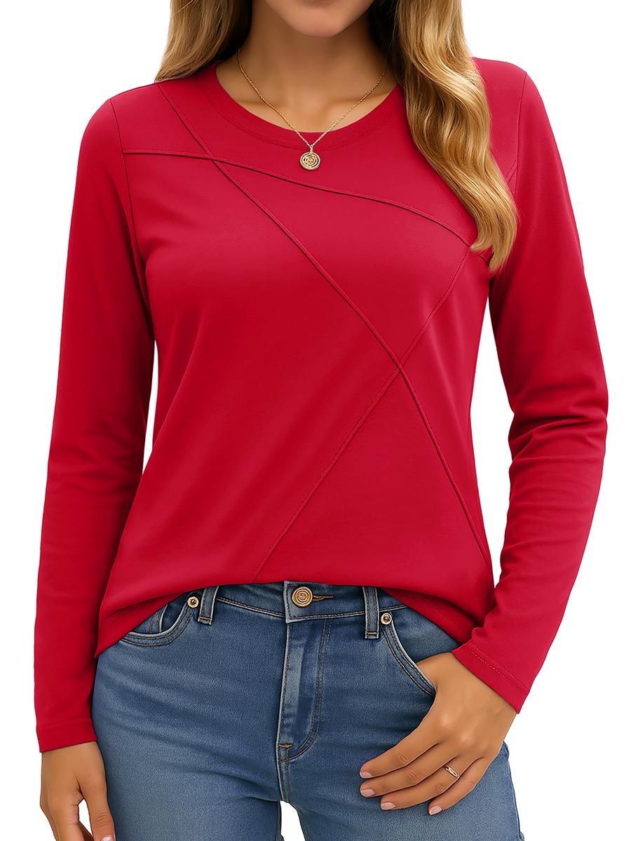 TACVASEN Red Women's Long Sleeve Shirts Pleated Crew Neck Fall Trendy Tops