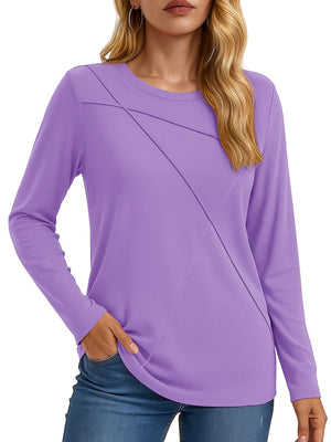 TACVASEN Light Purple Women's Long Sleeve Shirts Pleated Crew Neck Fall Trendy Tops