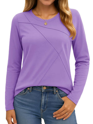 TACVASEN Light Purple Women's Long Sleeve Shirts Pleated Crew Neck Fall Trendy Tops