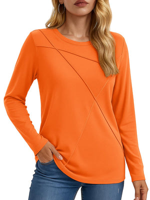 TACVASEN Orange Women's Long Sleeve Shirts Pleated Crew Neck Fall Trendy Tops
