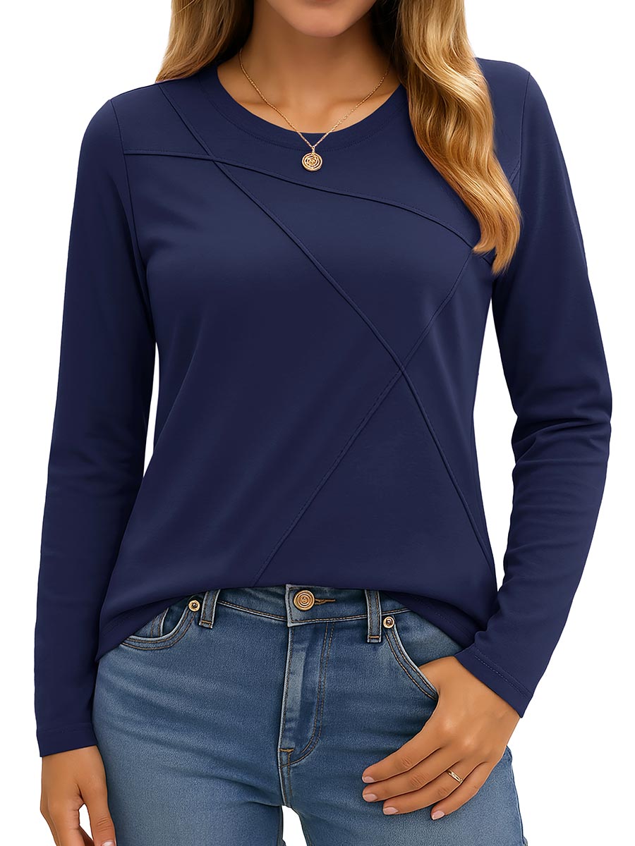TACVASEN Navy Women's Long Sleeve Shirts Pleated Crew Neck Fall Trendy Tops