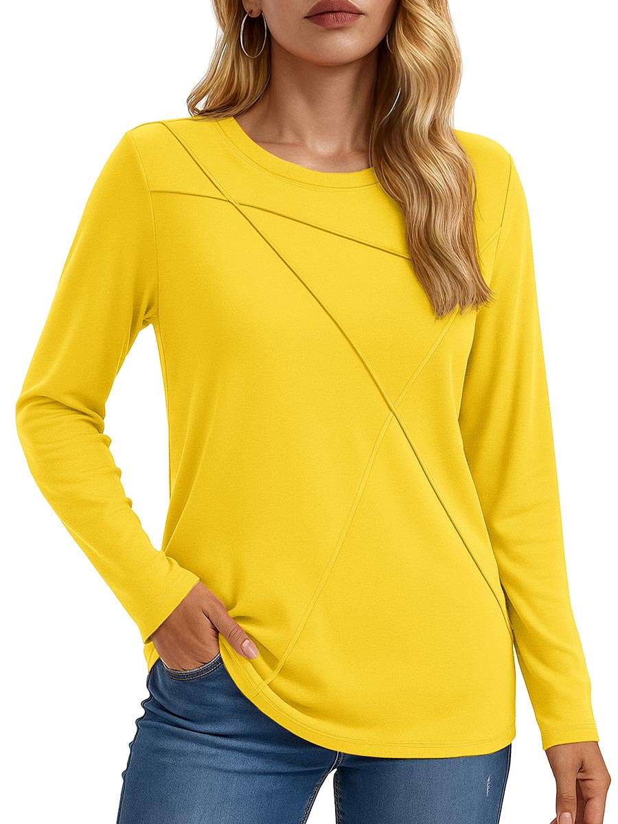 TACVASEN Yellow Women's Long Sleeve Shirts Pleated Crew Neck Fall Trendy Tops