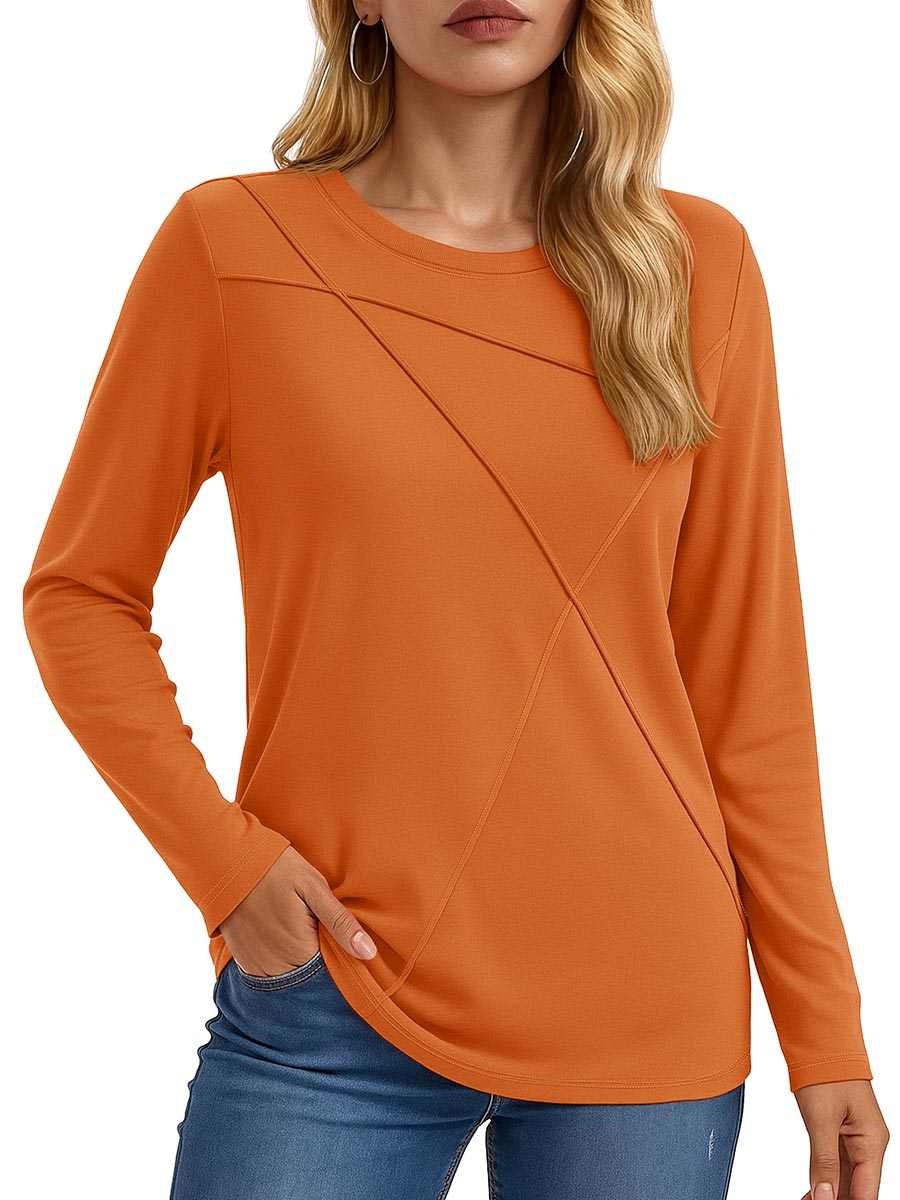 TACVASEN Dark Orange Women's Long Sleeve Shirts Pleated Crew Neck Fall Trendy Tops