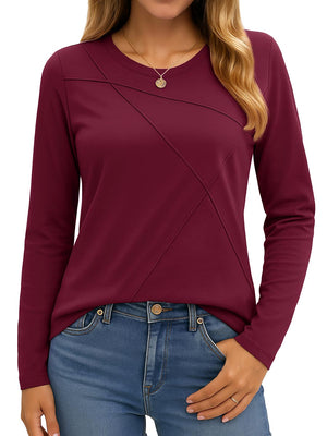 TACVASEN Wine Red Women's Long Sleeve Shirts Pleated Crew Neck Fall Trendy Tops