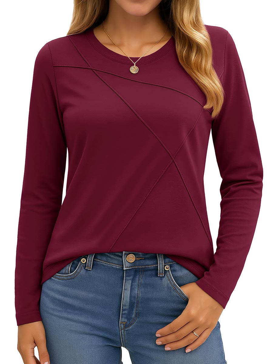 TACVASEN Wine Red Women's Long Sleeve Shirts Pleated Crew Neck Fall Trendy Tops