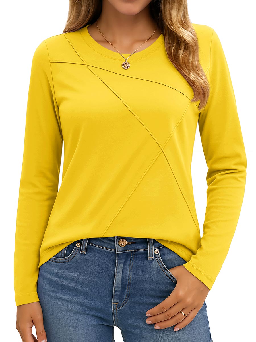 TACVASEN Yellow Women's Long Sleeve Shirts Pleated Crew Neck Fall Trendy Tops