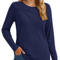TACVASEN Navy Women's Long Sleeve Shirts Pleated Crew Neck Fall Trendy Tops
