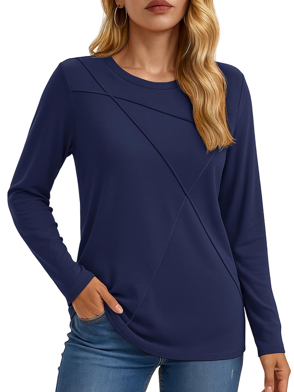 TACVASEN Dark Blue Women's Long Sleeve Shirts Pleated Crew Neck Fall Trendy Top