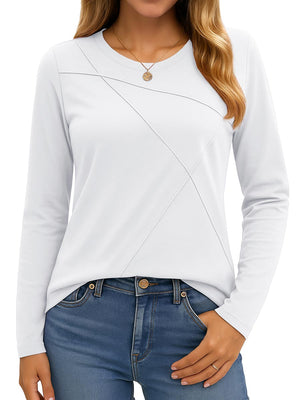 TACVASEN White Women's Long Sleeve Shirts Pleated Crew Neck Fall Trendy Tops