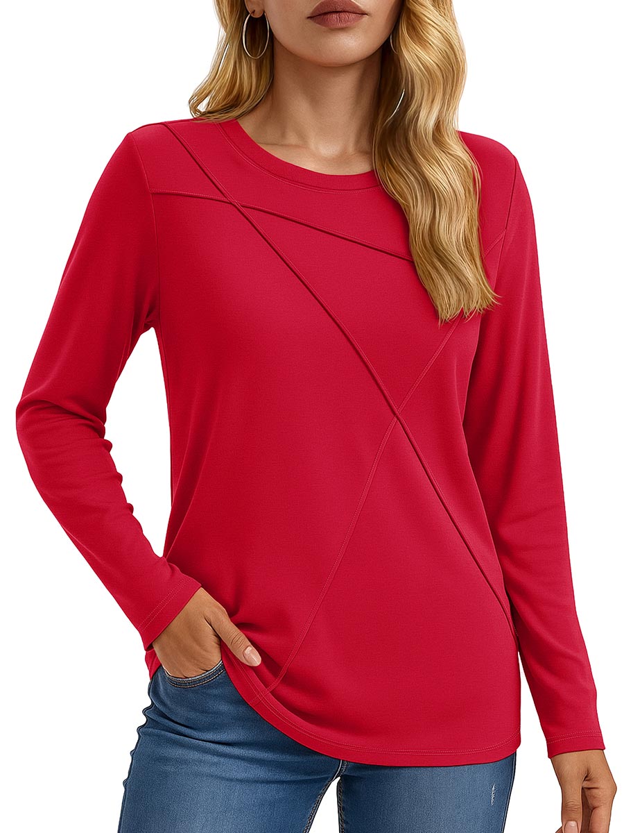 TACVASEN Red Women's Long Sleeve Shirts Pleated Crew Neck Fall Trendy Tops