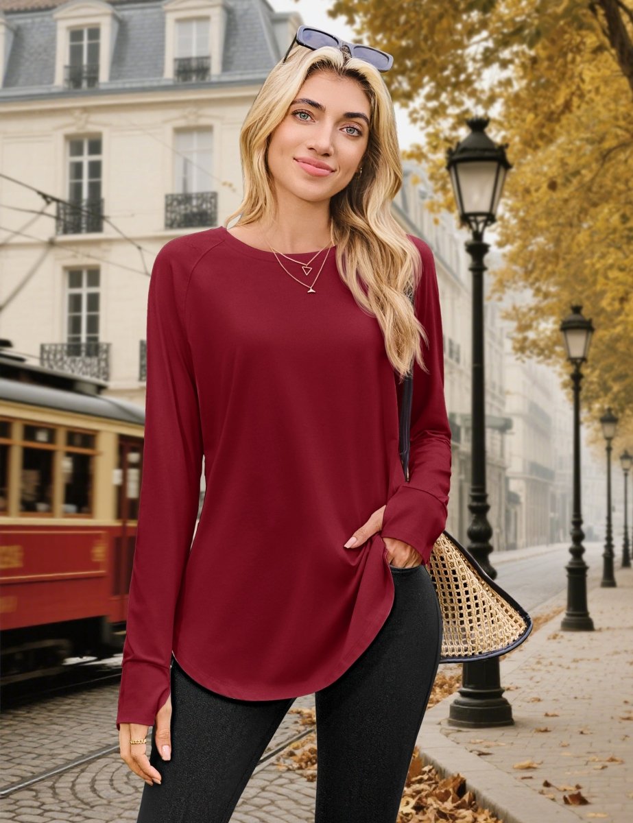 TACVASEN Red Women's Long Sleeve Shirts With Thumb Hole