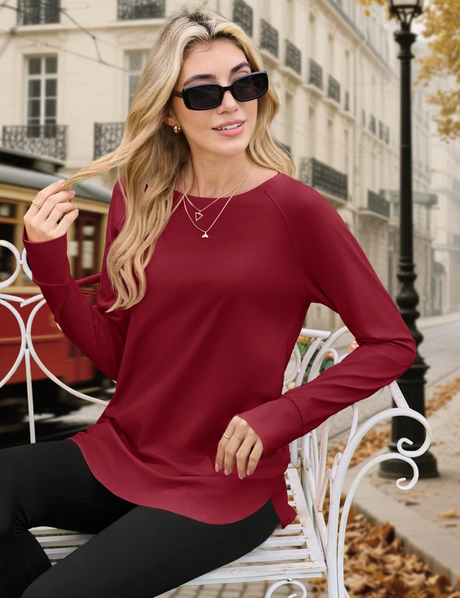 TACVASEN Red Women's Long Sleeve Shirts With Thumb Hole