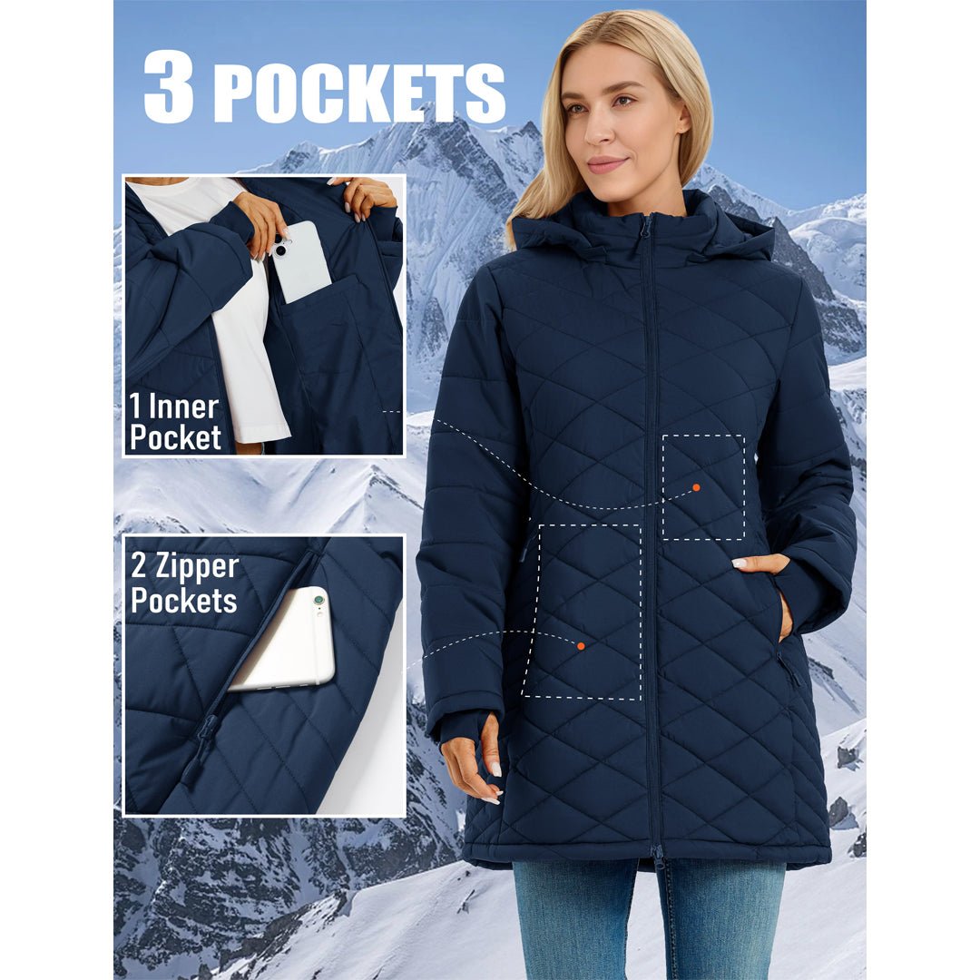 TACVASEN Navy Women's Long Waterproof Puffer Jacket with Hood