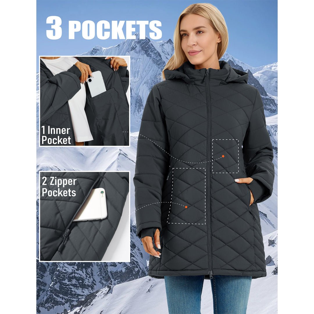 TACVASEN Dark Grey Women's Long Waterproof Puffer Jacket with Hood