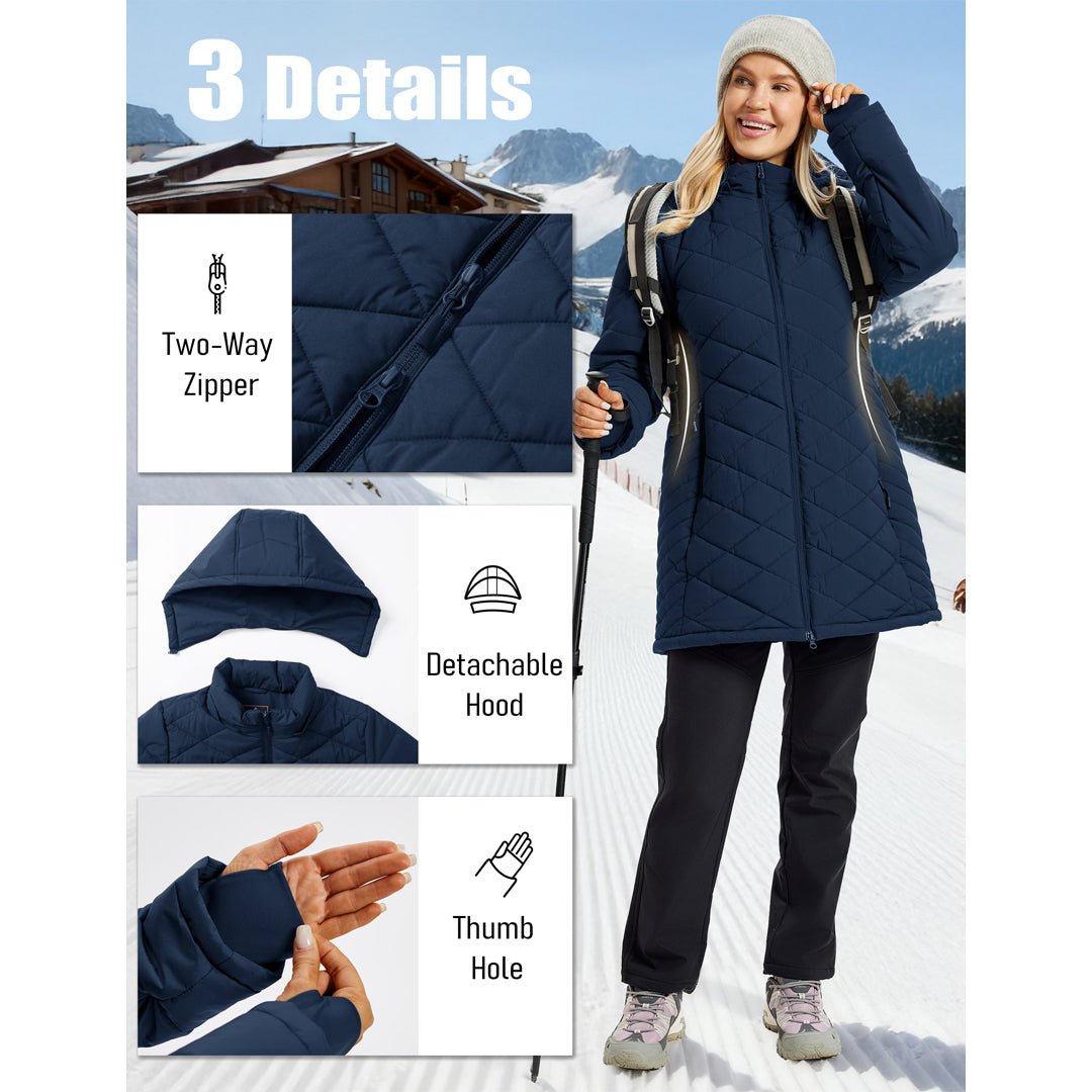 TACVASEN Navy Women's Long Waterproof Puffer Jacket with Hood