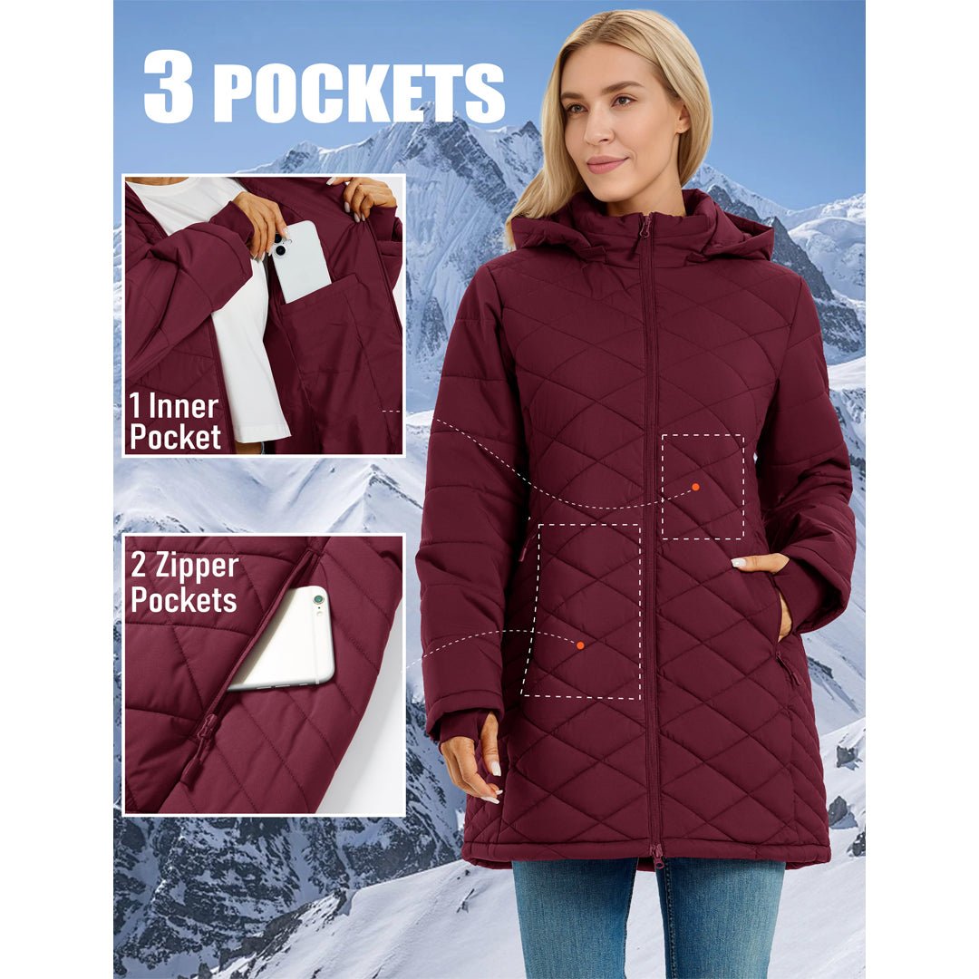 TACVASEN Wine Red Women's Long Waterproof Puffer Jacket with Hood