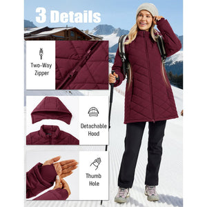 TACVASEN Wine Red Women's Long Waterproof Puffer Jacket with Hood