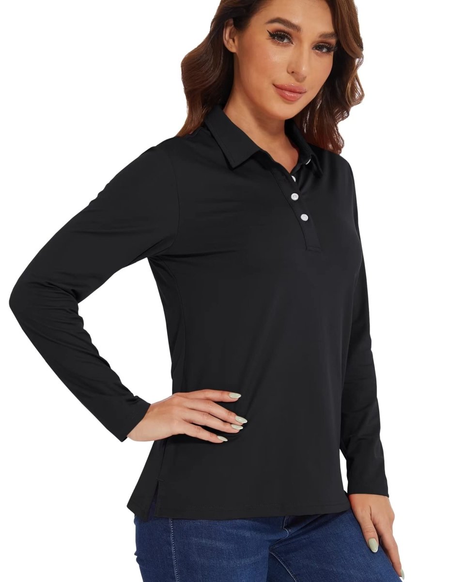 TACVASEN Black Women's Quick Dry UPF 50+ Long Sleeve Polo Shirts