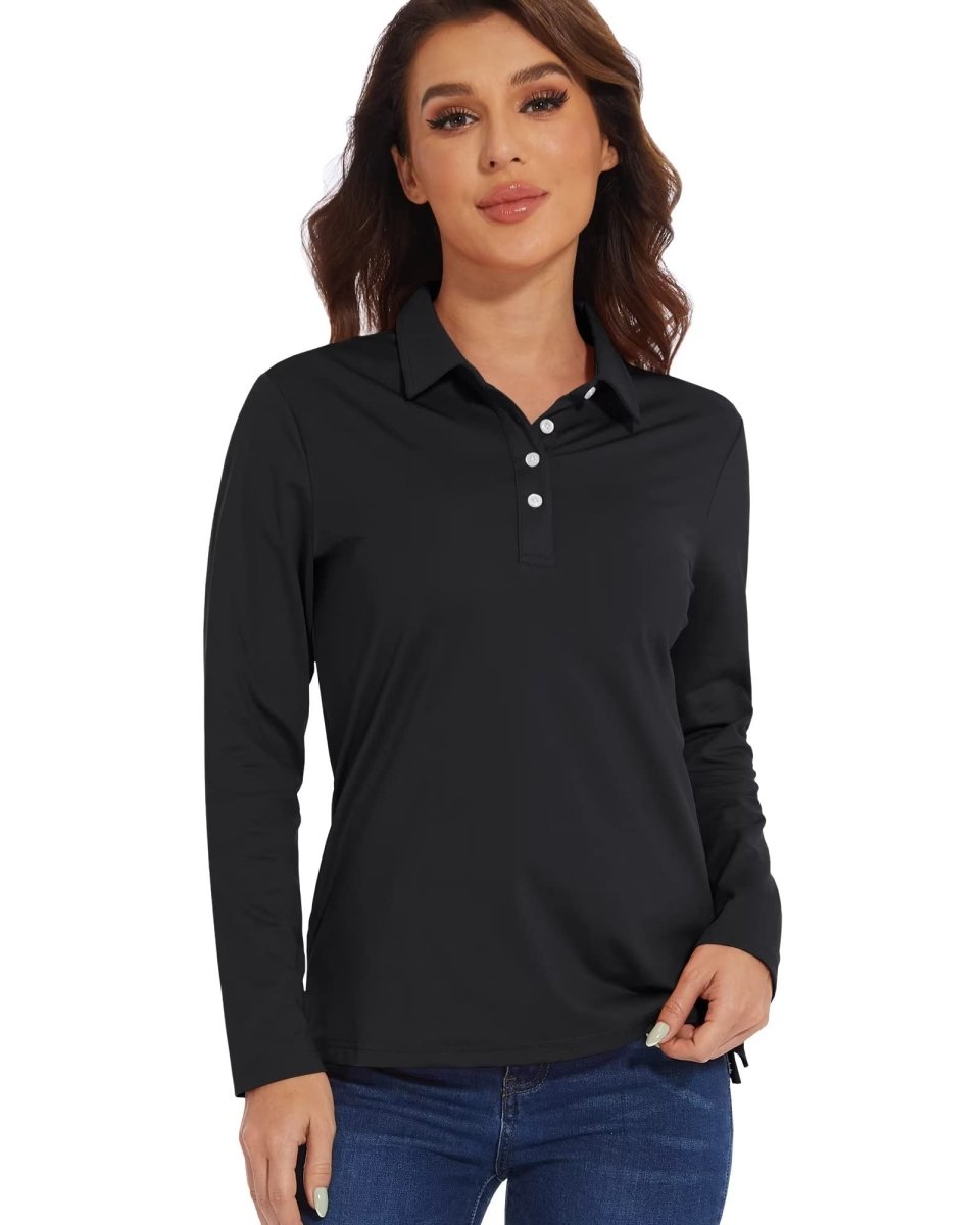 TACVASEN Black Women's Quick Dry UPF 50+ Long Sleeve Polo Shirts