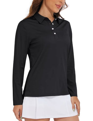 TACVASEN Black Women's Quick Dry UPF 50+ Long Sleeve Polo Shirts