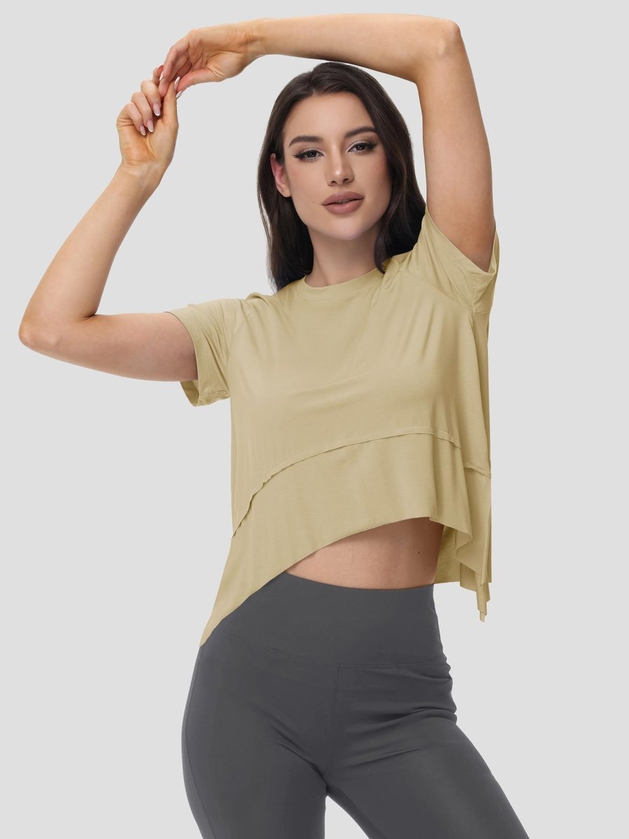 TACVASEN Light Khaki Women's Short Sleeve Athletic Yoga Crop Shirts