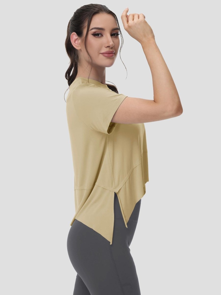 TACVASEN Light Khaki Women's Short Sleeve Athletic Yoga Crop Shirts