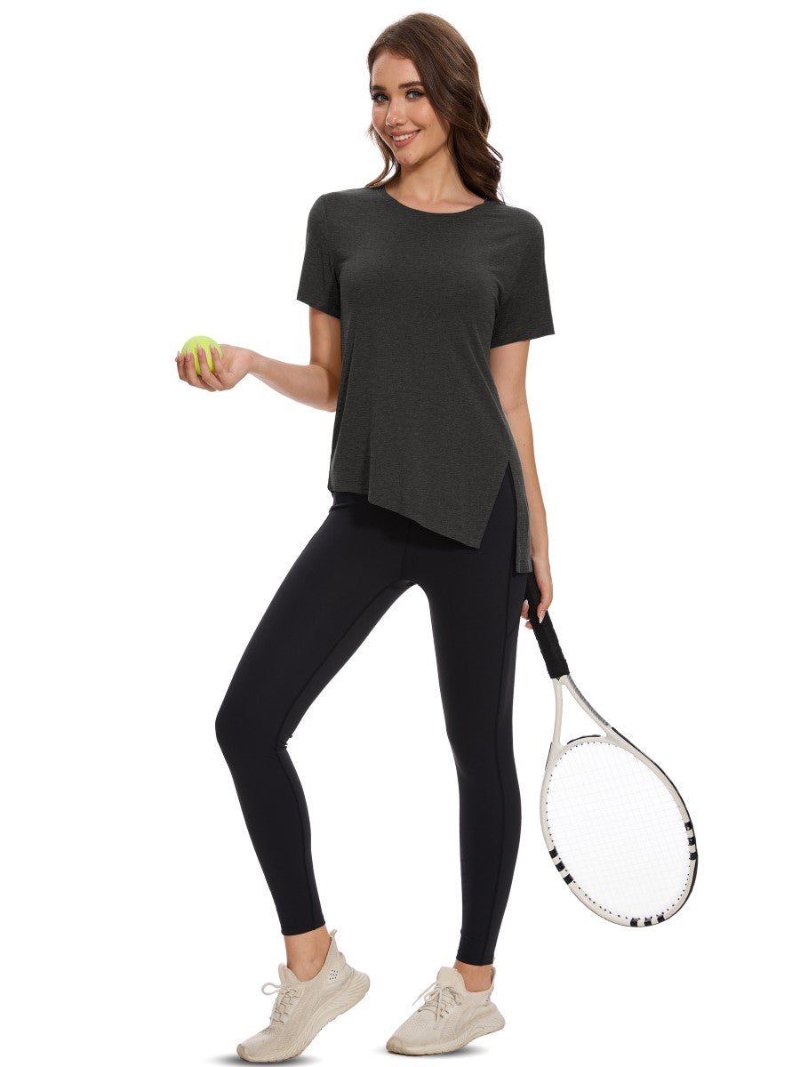 TACVASEN Dark Grey Women's Side Slit Workout Short Sleeve Shirts