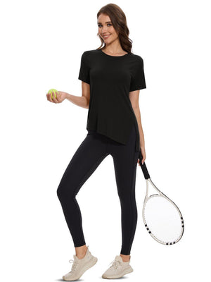 TACVASEN Black Women's Side Slit Workout Short Sleeve Shirts
