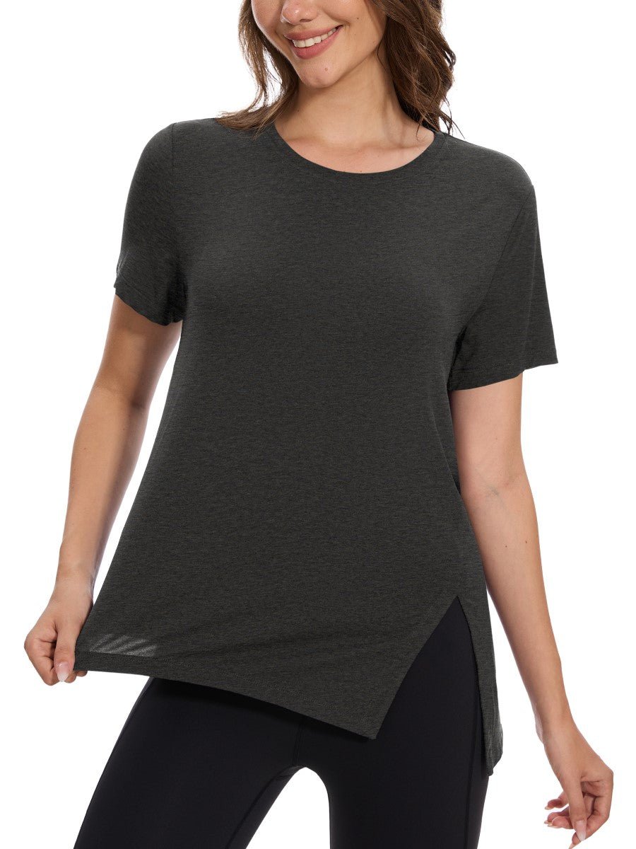 TACVASEN Dark Grey Women's Side Slit Workout Short Sleeve Shirts