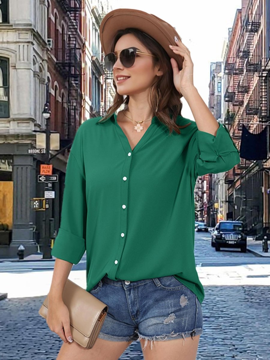 TACVASEN Emerald Green Women's Summer Casual V-Neck Shirt