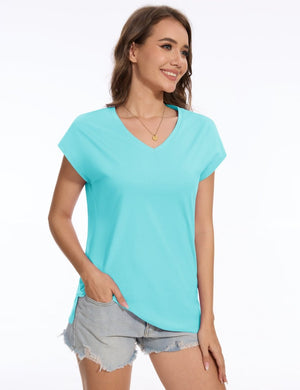 TACVASEN Light Lake Blue Women's V Neck Cap Sleeve Cotton T-Shirt