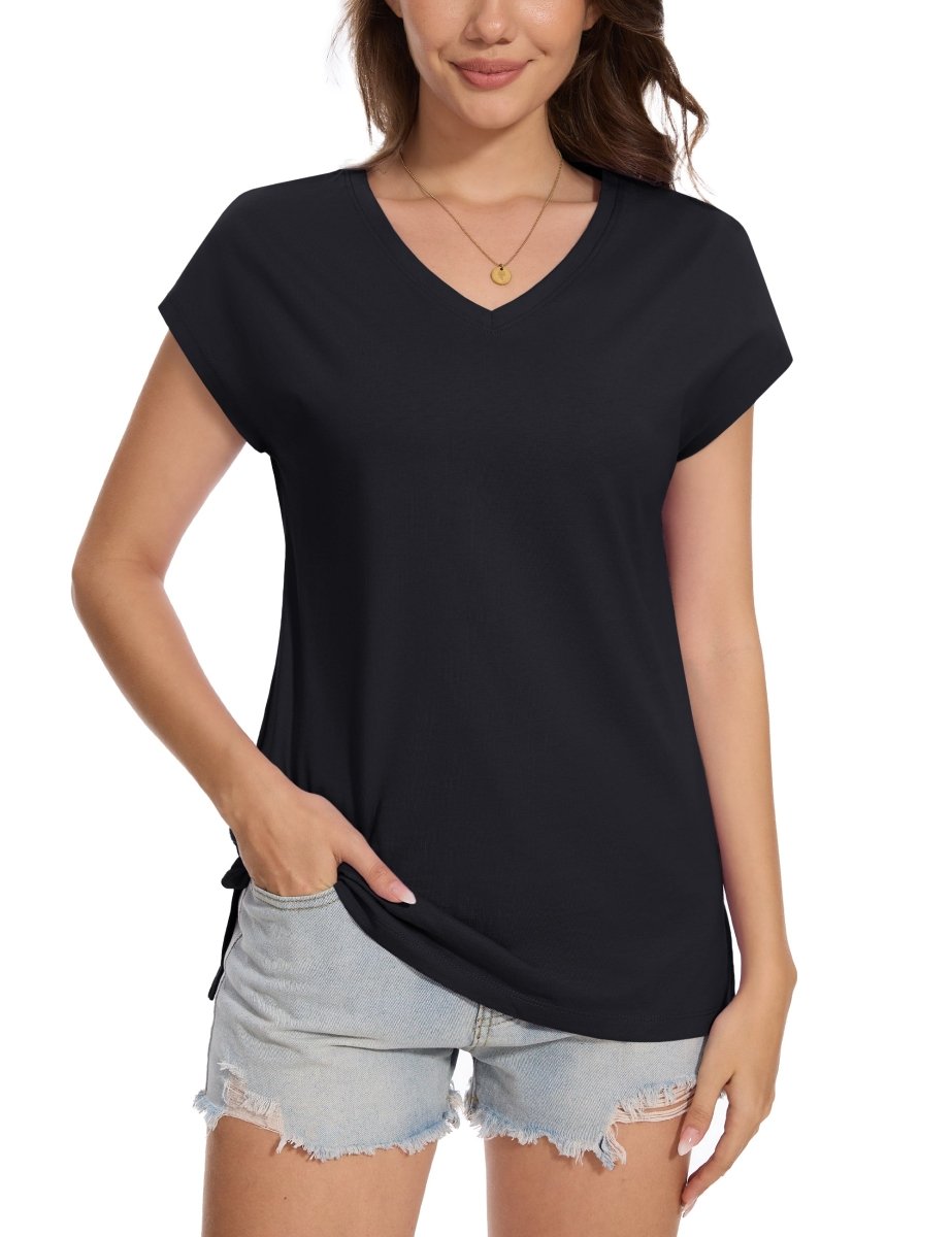 TACVASEN Black Women's V Neck Cap Sleeve Cotton T-Shirt