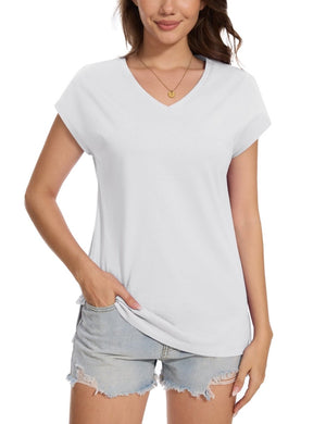 TACVASEN White Women's V Neck Cap Sleeve Cotton T-Shirt