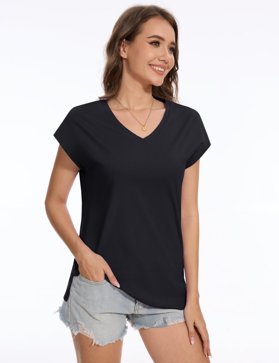 TACVASEN Black Women's V Neck Cap Sleeve Cotton T-Shirt