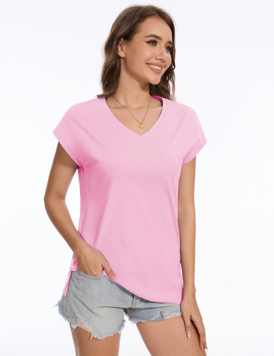 TACVASEN Light Pink Women's V Neck Cap Sleeve Cotton T-Shirt