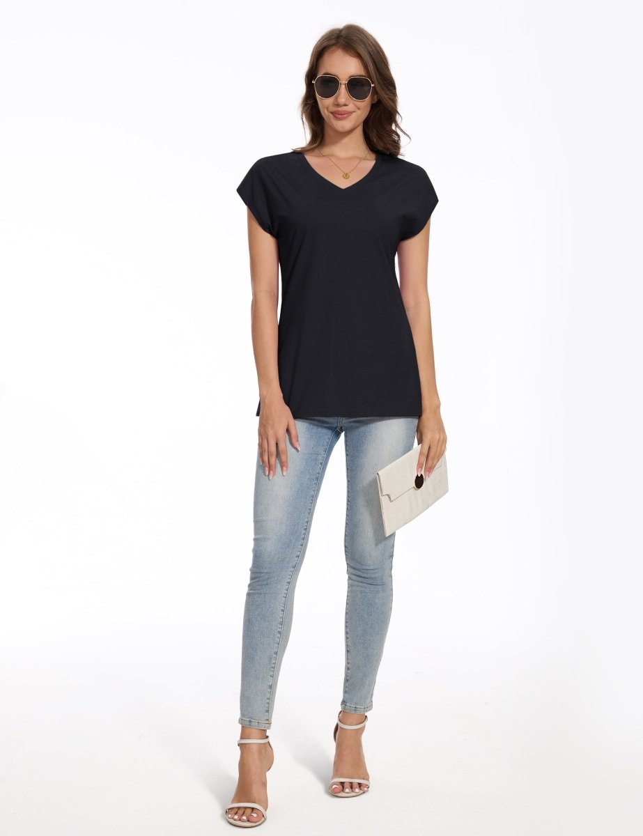 TACVASEN Black Women's V Neck Cap Sleeve Cotton T-Shirt