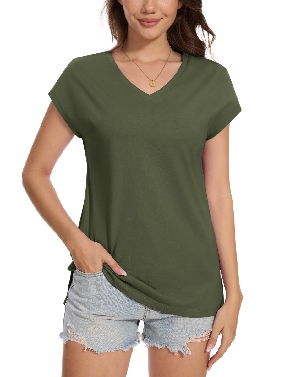 TACVASEN Army Green Women's V Neck Cap Sleeve Cotton T-Shirt