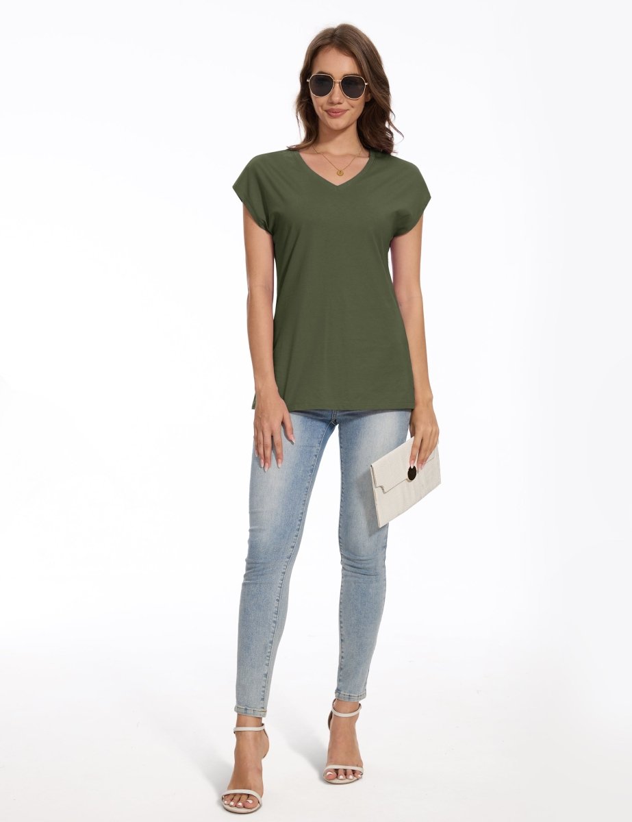 TACVASEN Army Green Women's V Neck Cap Sleeve Cotton T-Shirt