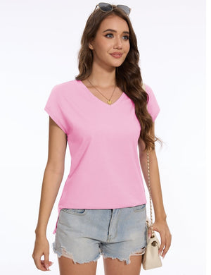 TACVASEN Light Pink Women's V Neck Cap Sleeve Cotton T-Shirt