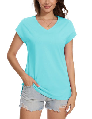 TACVASEN Light Lake Blue Women's V Neck Cap Sleeve Cotton T-Shirt