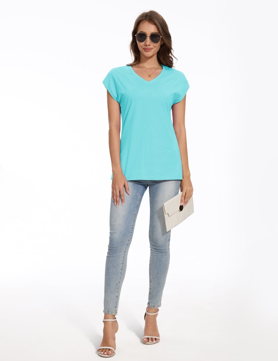 TACVASEN Light Lake Blue Women's V Neck Cap Sleeve Cotton T-Shirt