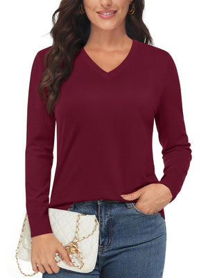 TACVASEN Wine Red Women's V Neck Sweater Spring Casual Long Sleeve