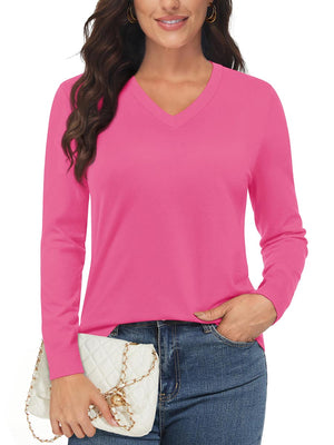 TACVASEN Rose Red Women's V Neck Sweater Spring Casual Long Sleeve