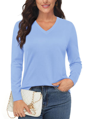 TACVASEN Pale Blue Women's V Neck Sweater Spring Casual Long Sleeve