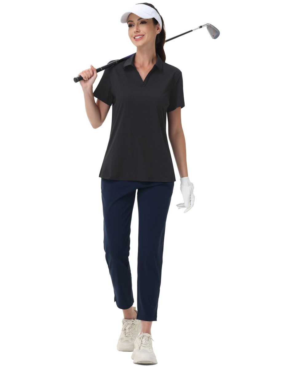 TACVASEN Black Women's V-Neck UPF 50+ Quick Dry Golf Polos