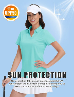 TACVASEN Light Lake Blue Women's V-Neck UPF 50+ Quick Dry Golf Polos