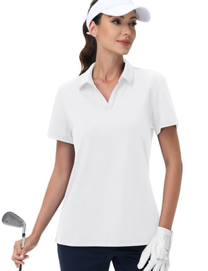 TACVASEN White Women's V-Neck UPF 50+ Quick Dry Golf Polos